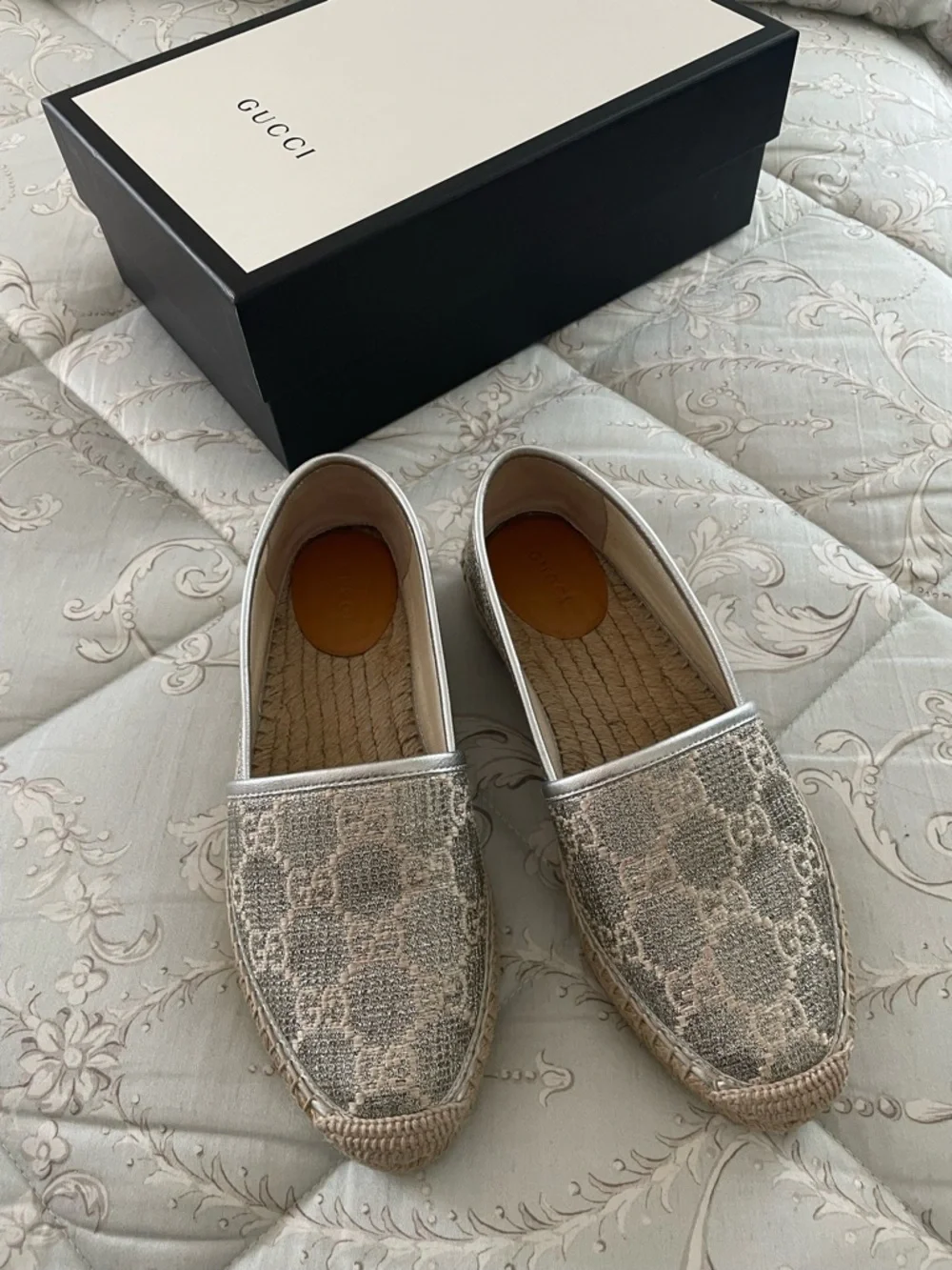 Gucci Silver/Beige Monogram Espadrilles